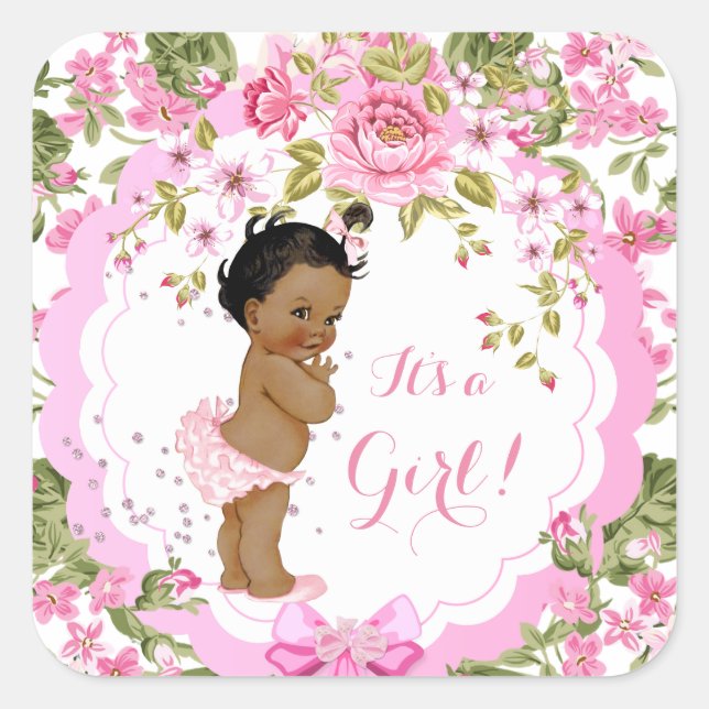 Sweet Pink Floral Rose Baby Shower Girl Ethnic Square Sticker (Front)