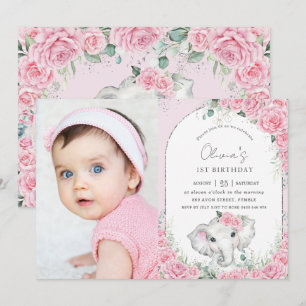 Sweet Pink Floral Roses Elephant Birthday Photo Invitation