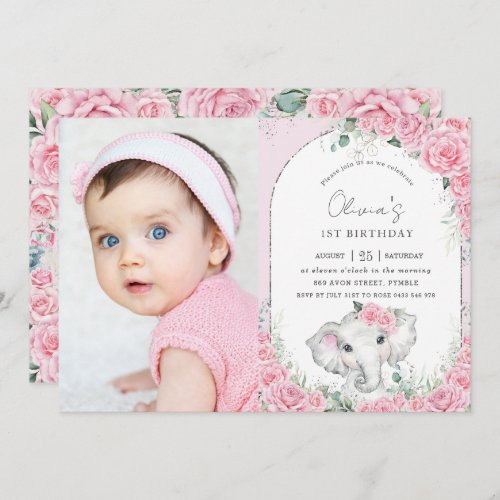 Sweet Pink Floral Roses Elephant Birthday Photo Invitation