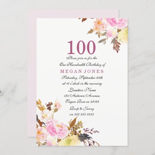 Sweet Pink Floral Script 100th Birthday Invitation