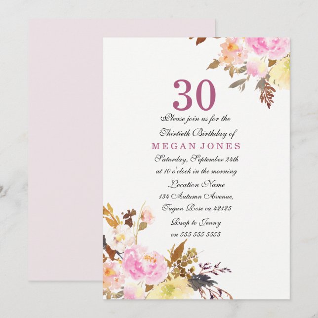 Sweet Pink Floral Script 30th Birthday Invitation (Front/Back)