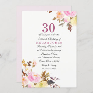 Sweet Pink Floral Script 30th Birthday Invitation