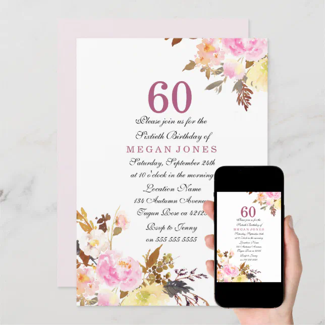 Sweet Pink Floral Script 60th Birthday Invitation Zazzle