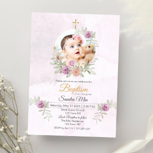 Sweet Pink Floral with Photo Baptism Invitation