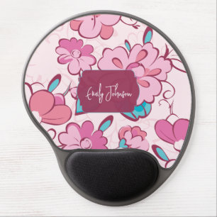 Sweet Pink Flowers Whimsical Pattern Custom Name Gel Mouse Pad