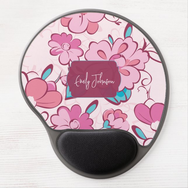 Sweet Pink Flowers Whimsical Pattern Custom Name Gel Mouse Pad (Front)