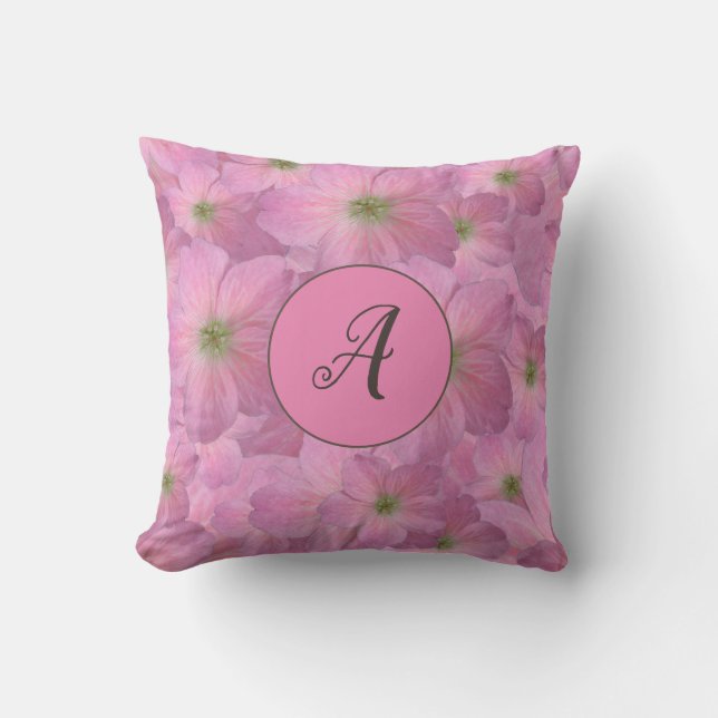 Sweet Pink Flowers with Custom Monogram Throw Pillow (Front)