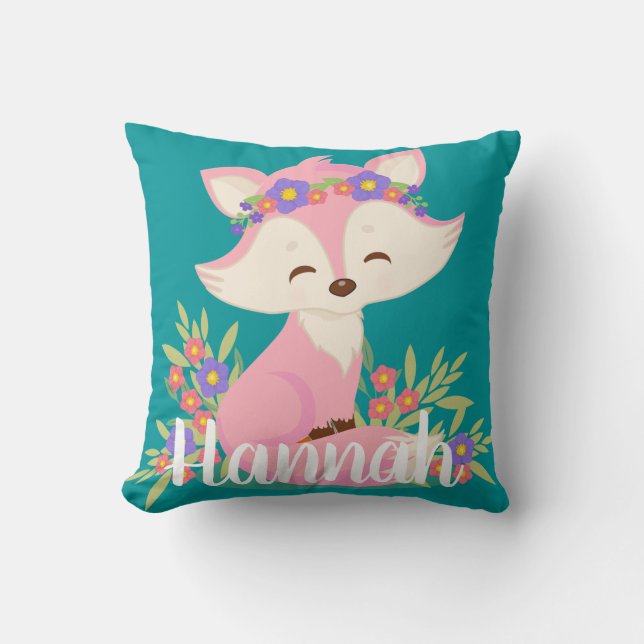 Sweet Pink Fox Personalized Throw Pillow (Front)