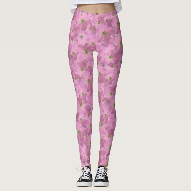Sweet Pink Garden Flowers Pattern Leggings (Front)