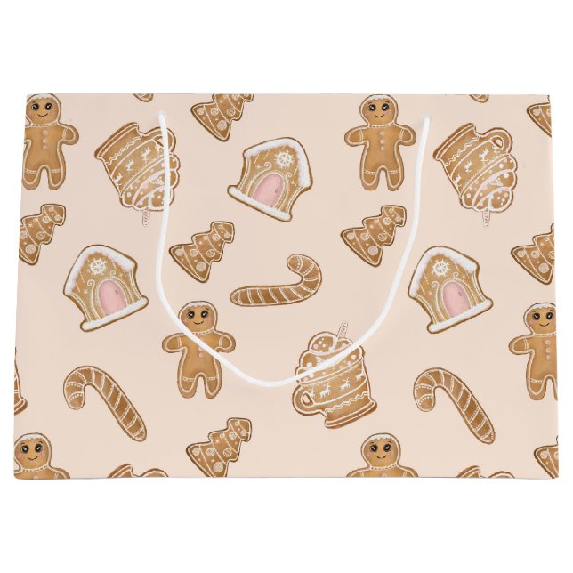 Sweet Pink Gingerbread Christmas pattern Large Gift Bag (Front)