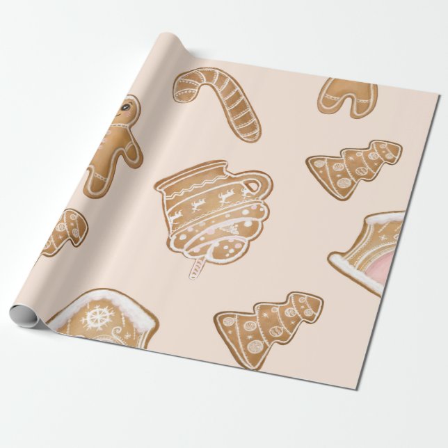 Sweet Pink Gingerbread Christmas pattern Wrapping Paper (Unrolled)