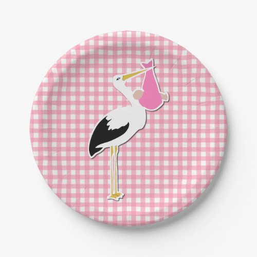 Sweet Pink Gingham and Stork Baby Shower Plate