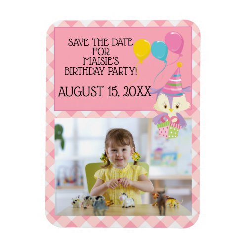 Sweet Pink Gingham Owl Balloons Birthday Save Date Magnet