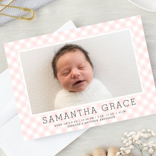 Sweet Pink Gingham Pattern  Birth Announcement