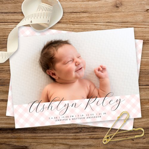 Sweet Pink Gingham Pattern Birth Announcement