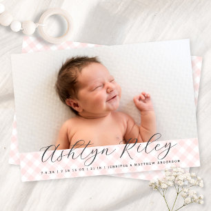 Sweet Pink Gingham Pattern Birth Announcement