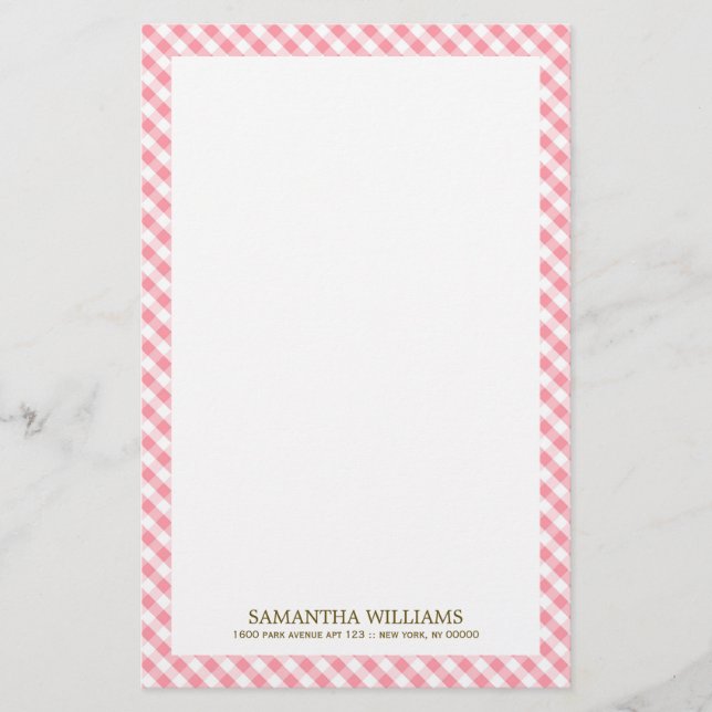 Sweet Pink Gingham Pattern Stationery (Front)