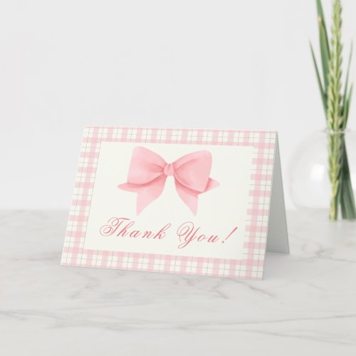 Sweet Pink Gingham Plaid Bow Girl Baby Shower Thank You Card