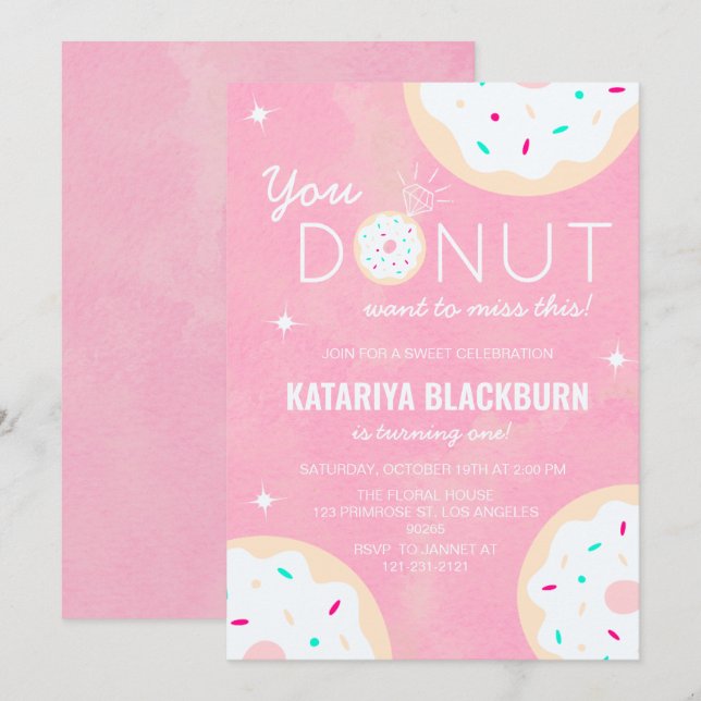 Sweet Pink Girl Birthday - Donut Miss This Party! Invitation (Front/Back)