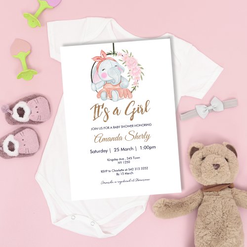 Sweet Pink Girl Elephant Baby Shower Invitation