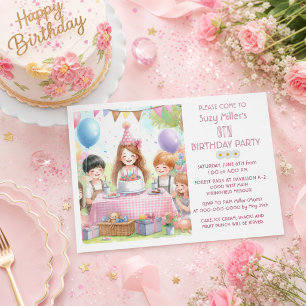 Sweet Pink Girls 6th Birthday Balloon Party Fun Invitation