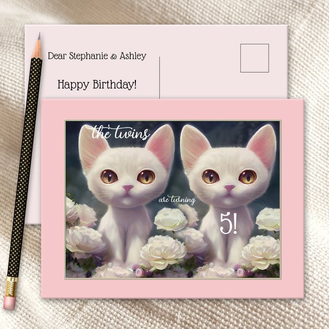Sweet Pink Girly Kitten Twin Birthday Postcard (Creator Uploaded)