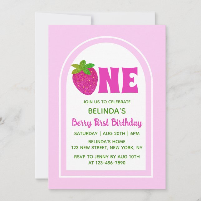 Sweet Pink Glitter Y2K Strawberry 1st Birthday Invitation (Front)