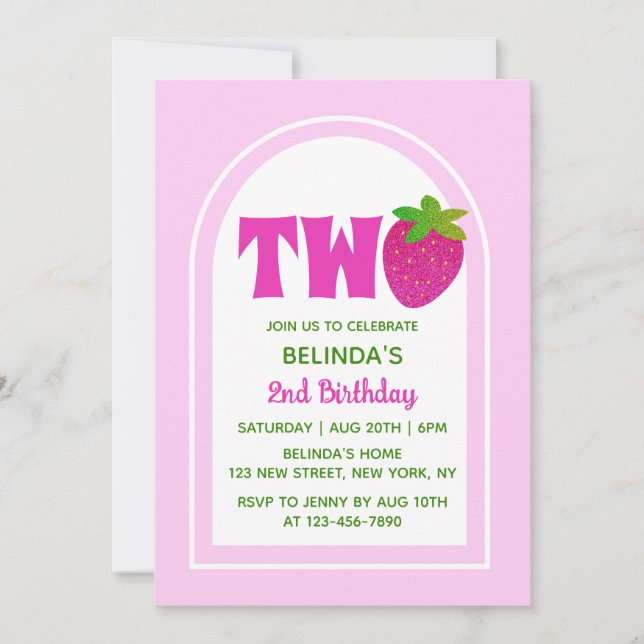 Sweet Pink Glitter Y2K Strawberry 2nd Birthday Invitation (Front)