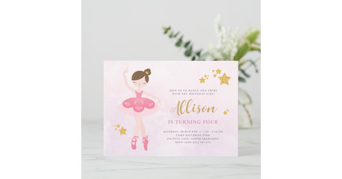 Sweet Pink & Gold Ballerina Birthday Invitation Zazzle