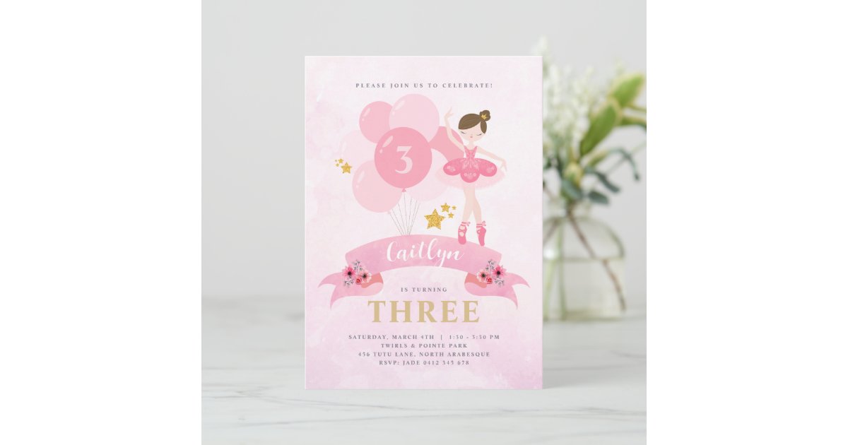 Sweet Pink & Gold Ballerina Birthday Invitation Zazzle