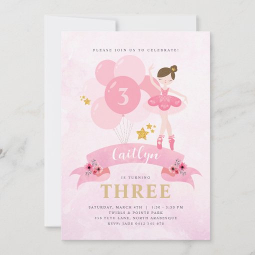 Sweet Pink & Gold Ballerina Birthday Invitation Zazzle