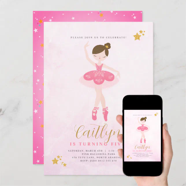 Sweet Pink & Gold Ballerina Birthday Invitation Zazzle