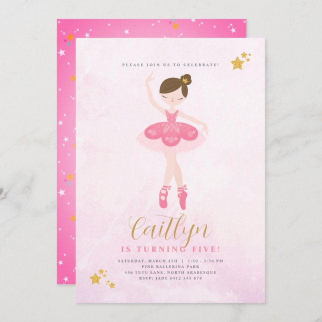Sweet Pink & Gold Ballerina Birthday Invitation (Front/Back)