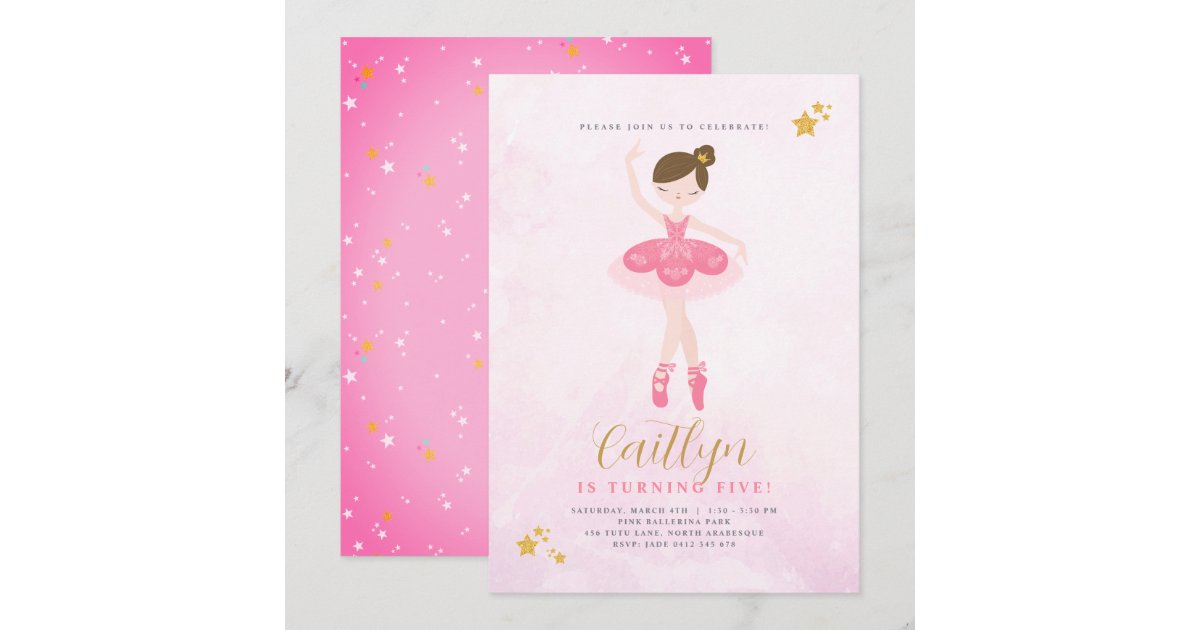 Sweet Pink & Gold Ballerina Birthday Invitation Zazzle