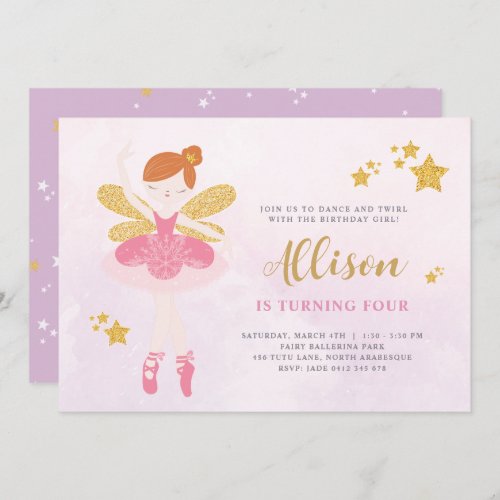 Sweet Pink  Gold Ballerina Fairy Birthday Invitat Invitation