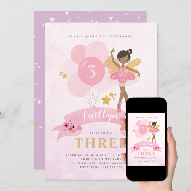 Sweet Pink & Gold Ballerina Fairy Birthday Invitat Invitation Zazzle
