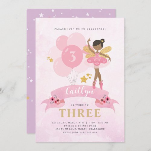 Sweet Pink  Gold Ballerina Fairy Birthday Invitat Invitation