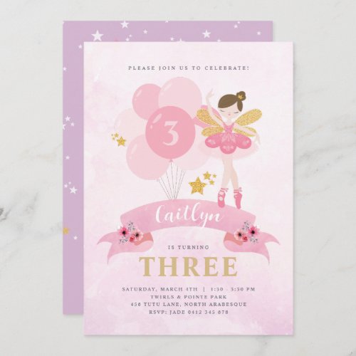 Sweet Pink  Gold Ballerina Fairy Birthday Invitation