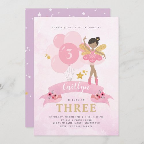 Sweet Pink  Gold Ballerina Fairy Birthday Invitation