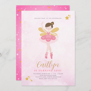 Sweet Pink & Gold Ballerina Fairy Birthday Invitation