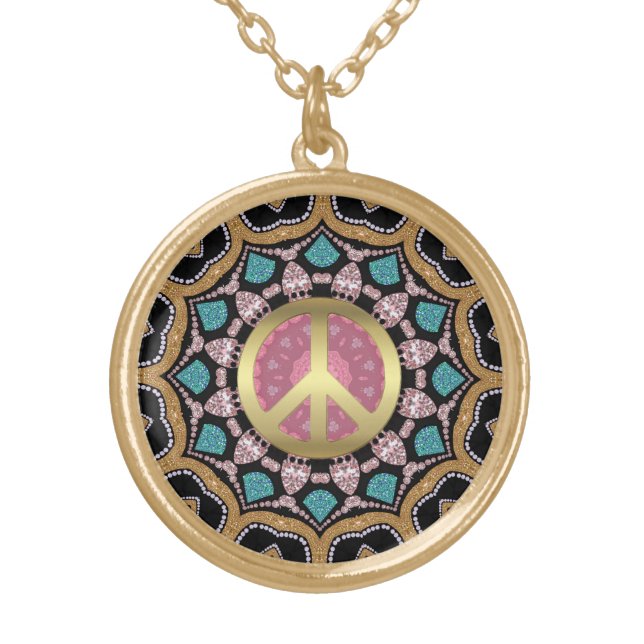 Sweet Pink & Gold Groovy Peace Mandala Energy Gold Plated Necklace (Front)