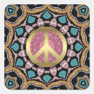 Sweet Pink & Gold Groovy Peace Mandala Energy Gold Square Sticker