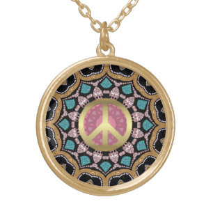 Sweet Pink & Gold Groovy Peace Mandala Energy Plated Necklace