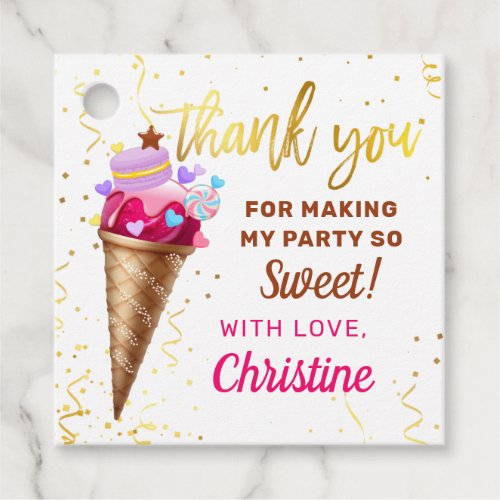 Sweet Pink Gold Ice Cream Birthday Thank You Favor Tags