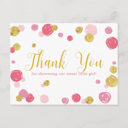Sweet Pink Gold Polka Dots Baby Shower Thank You Postcard