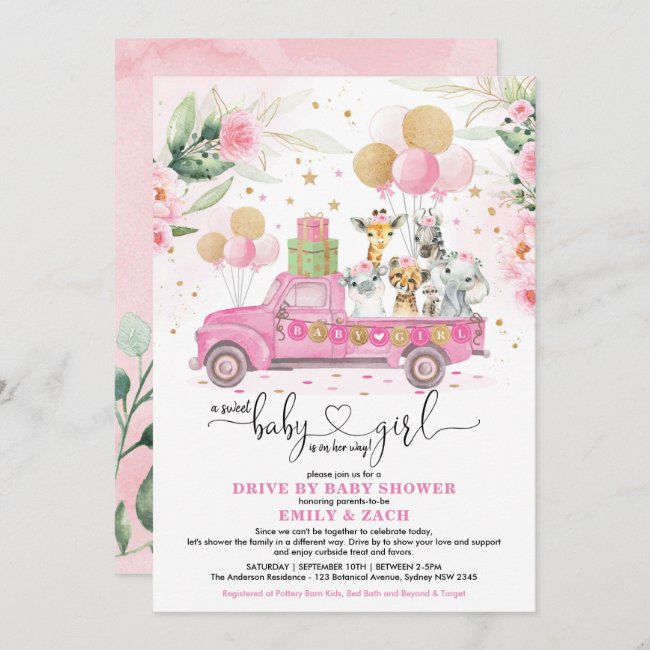 Sweet Pink Gold Safari Animal Drive By Baby Shower Invitation
