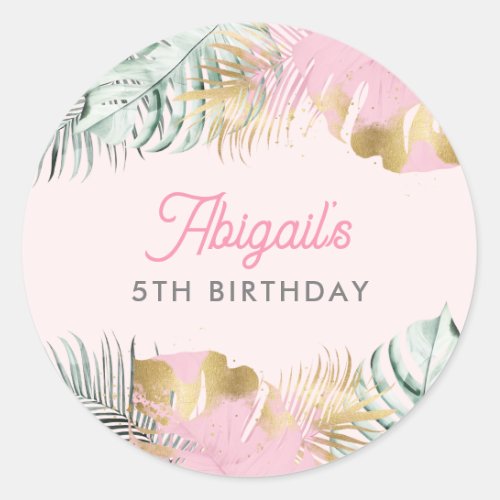 Sweet Pink  Gold Tropical Leaves Birthday Classic Round Sticker