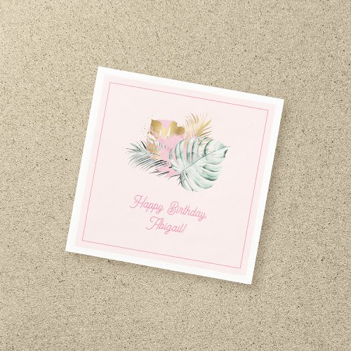 Sweet Pink  Gold Tropical Leaves Birthday Party Napkins