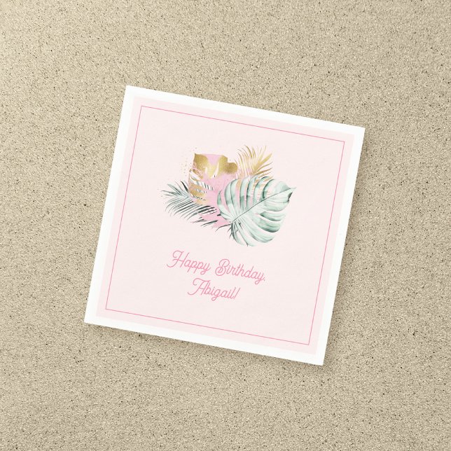 Sweet Pink & Gold Tropical Leaves Birthday Party Napkins (Creator Uploaded)