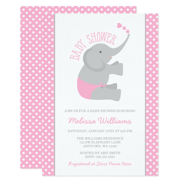 Sweet Pink Gray Elephant Baby Shower Invitations